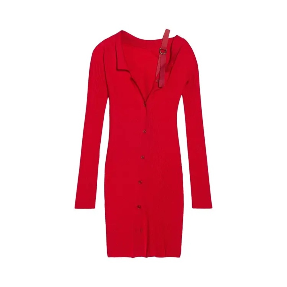 Jacquemus Red Ribbed Asymmetric Wool-Blend Dress - Picture 5 of 6
